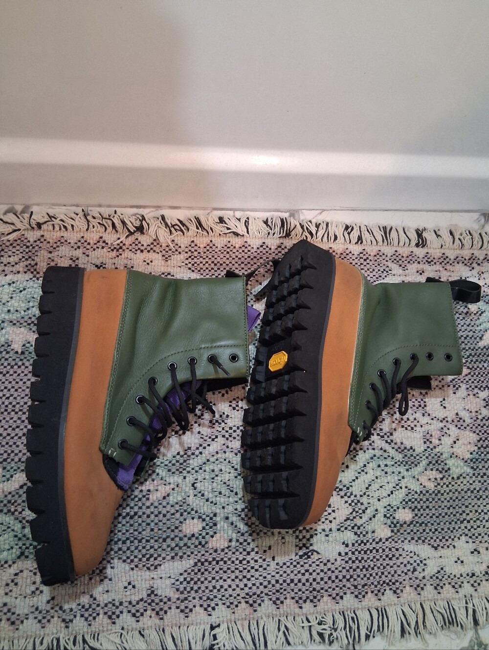 Green Leather Platform Lace-Up Boots with Tan Midsole